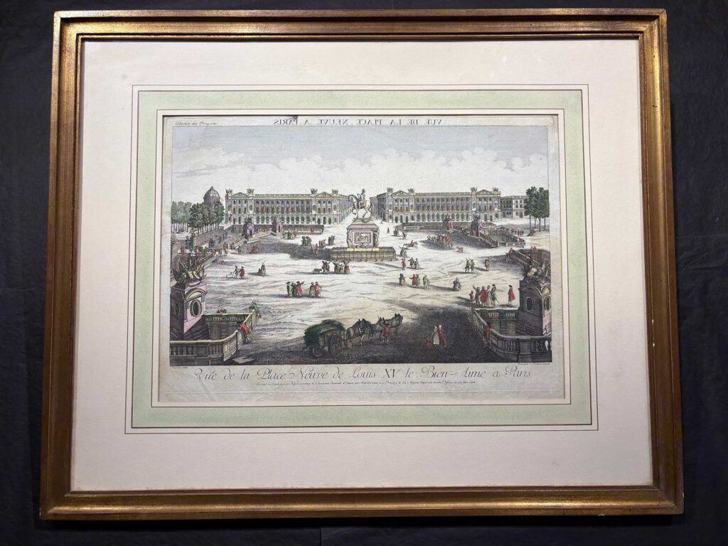 Framed Antique Engraving of Place de Louis XV le Bien-Aime, today known as Place de La Concorde