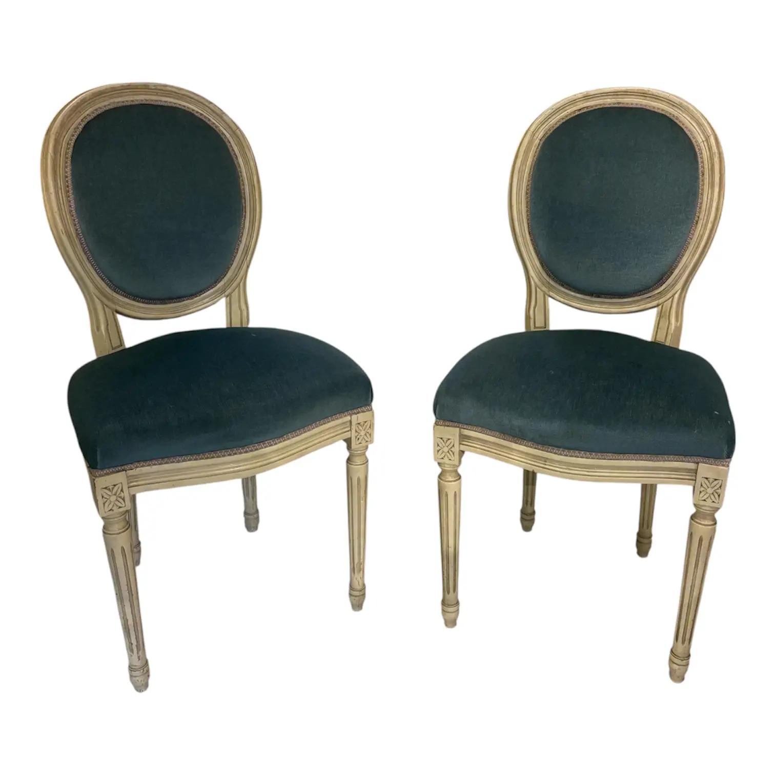 Pair of Louis XVI-Style Side Chairs with Teal Upholstery